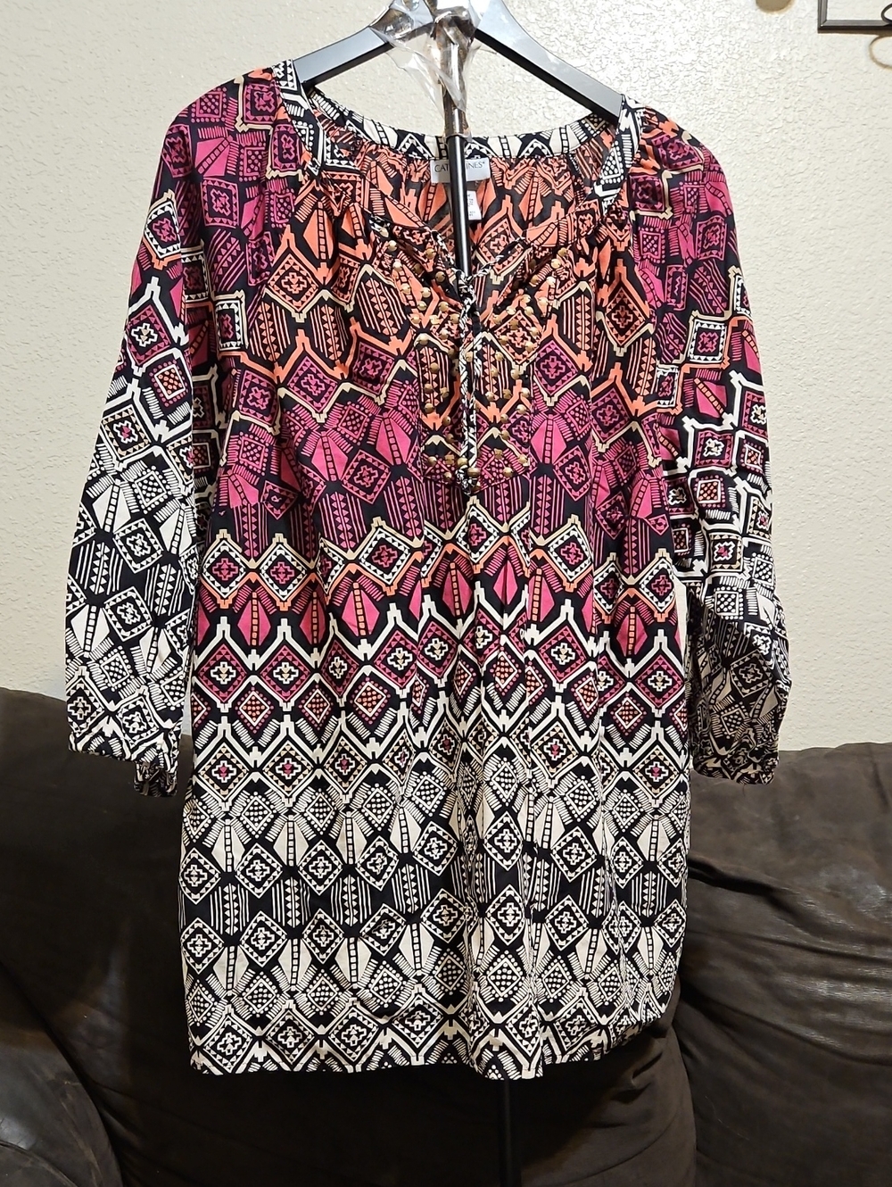 Catherines Pink Black and Coral Geometric Long Sleeve Tunic